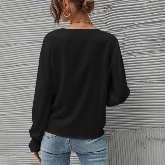 06 Bohemian Black Floral Lace Ruffle Blouse Minimalist - Picture 4 of 4